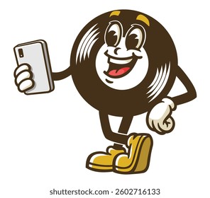 Cartoon character of a vinyl record holding a gadget