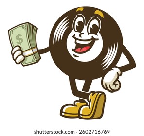 Cartoon character of vinyl record holding cash