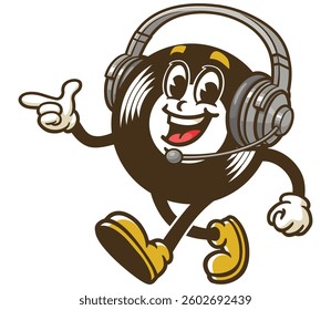 Cartoon character of vinyl record is walking and wearing headphones
