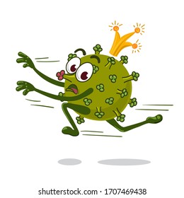 The cartoon character of the virus in the crown runs away in fear. 