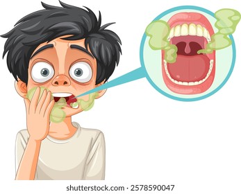 Cartoon character with visible bad breath issue