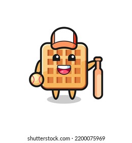 Cartoon character of waffle as a baseball player , cute design