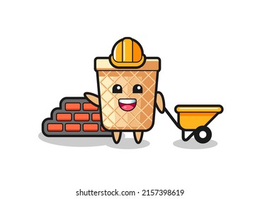 Cartoon character of waffle cone as a builder , cute design