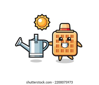 Cartoon character of waffle holding watering can , cute design