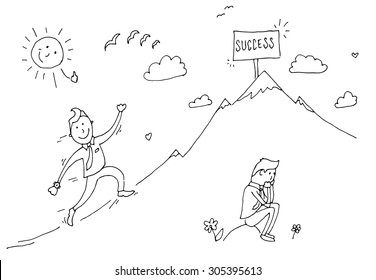 Cartoon character walk to success on mountain. Hand drawn on white background. Vector illustration.