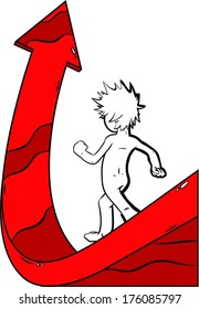 Cartoon character walking on an arrow that is pointing upwards