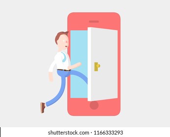 Cartoon Character Walks Into The Phone Through The Door. Vector Illustration