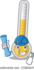 Cartoon character of warm thermometer brainy Architect with blue prints and blue helmet