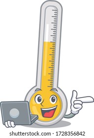 Cartoon character of warm thermometer clever student studying with a laptop