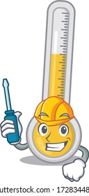 cartoon character of warm thermometer worked as an automotive