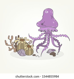 Cartoon character of a water inhabitant. Funny cute jellyfish posing next to underwater shells and plants.. Vector illustration