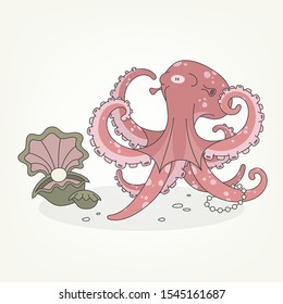 Cartoon character of a water inhabitant. Funny cute octopus with pearl beads posing next to underwater shells with a pearl. Vector illustration