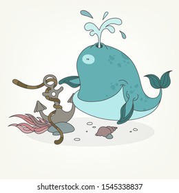 Cartoon character of a water inhabitant. Funny cute whale swims and poses next to the sunken anchor. Vector illustration