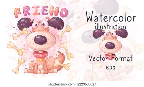 Cartoon character watercolor adorable dog, pretty animal kids illustration, postcard. Cute hand drawn style pet.  Vector eps 10