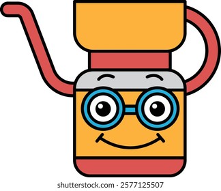 A cartoon character with a watering can on its head
