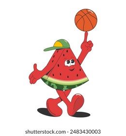 Cartoon character watermelon with a basketball, isolated on a white background. Vector illustration.