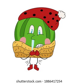 Cartoon character of watermelon mascot. Color illustration for medicine, vitamins. Winter, cold, frost, icicles from the nose. The character froze in a warm scarf and mittens. Red hat with peas.