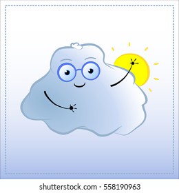 Cartoon character waves hand. Cute Cloud in glasses vector illustration. Hand-drawn character for nature lessons, environmental education, atmosphere phenomenon, weather forecast. Cloud and sun