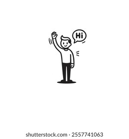 Cartoon Character Waving Hello With Speech Bubble Saying Hi. The depiction conveys friendliness and connection, ideal for communication or social digital content.