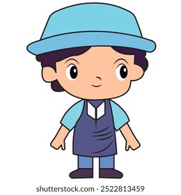 Um personagem de desenho animado usando um chapéu e avental azul, projetado para um contexto amigável e envolvente.