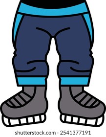 A cartoon character wearing blue pants and grey shoes. The character is wearing skates and he is ready to go ice skating