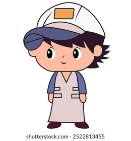 A cartoon character wearing a cap and an apron, smiling and standing confidently.