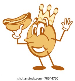 Cartoon character wearing a crown and holding a hotdog.