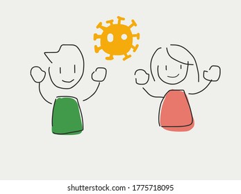 Cartoon character wearing face mask against the dangerous coronavirus or flu with cleaned hands raised up. Medical and disease concept depicted by the cute cartoon figure. White background