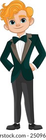 Cartoon character wearing a green tuxedo