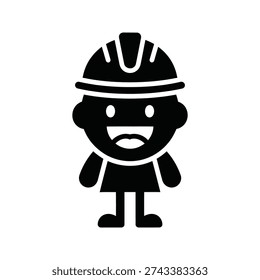 A cartoon character wearing a hard hat with a sad face