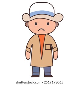 A cartoon character wearing a hat and a coat, appearing sad.
