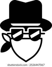 A cartoon character wearing a hat and sunglasses with a bandana around his neck. The character has a cool and mysterious vibe