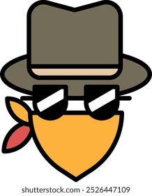 A cartoon character wearing a hat and sunglasses with a bandana around his neck. The character has a cool and mysterious vibe