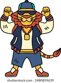A cartoon character is wearing a jacket and pants and is holding a fist up in the air. The character is smiling and he is happy