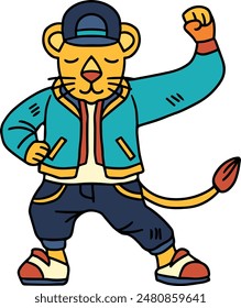 A cartoon character is wearing a jacket and pants and is holding a fist up in the air. The character is smiling and he is happy