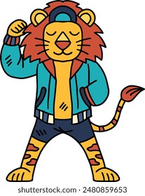 A cartoon character is wearing a jacket and pants and is holding a fist up in the air. The character is smiling and he is happy