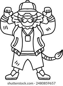 A cartoon character is wearing a jacket and pants and is holding a fist up in the air. The character is smiling and he is happy