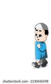 A cartoon character wearing Muslim attire in walking pose, isolated over white, copy space ready.