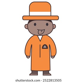 A cartoon character wearing an orange outfit and hat, playfully sticking out its tongue.