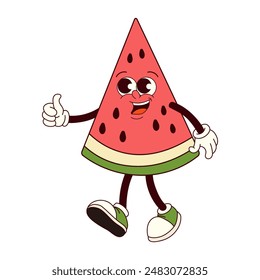 A cartoon character is wearing a watermelon costume and is giving a thumbs up