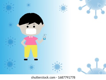 Cartoon character wears the mask in hand sanitizer. There is a campaign to wash hands to prevent and stop spreading Covid-19, coronavirus or Wuhan. the concept banner, poster or flyer with copy space.
