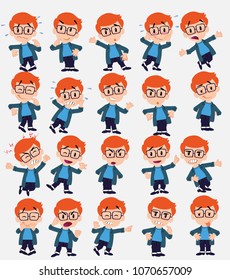Cartoon character white boy with glasses. Set with different postures, attitudes and poses, doing different activities in isolated vector illustrations.																									