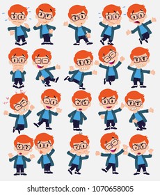 Cartoon character white boy with glasses. Set with different postures, attitudes and poses, doing different activities in isolated vector illustrations.																									