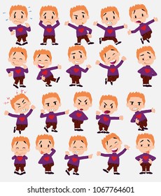Cartoon character white boy with a heart pullover. Set with different postures, attitudes and poses, doing different activities in isolated vector illustrations.																									