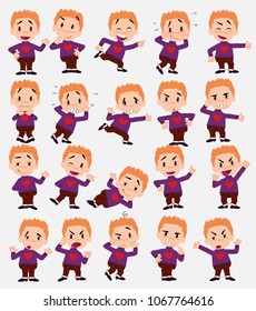 Cartoon character white boy with a heart pullover. Set with different postures, attitudes and poses, doing different activities in isolated vector illustrations.																									