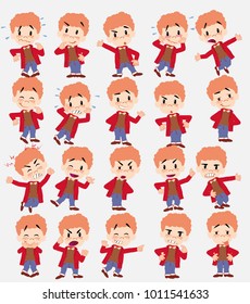 Cartoon character white boy in jeans. Set with different postures, attitudes and poses, doing different activities in isolated vector illustrations.																									
