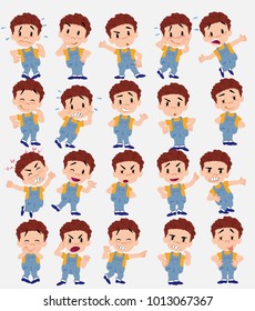 Cartoon character white boy in jeans. Set with different postures, attitudes and poses, doing different activities in isolated vector illustrations.																									