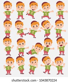 Cartoon character white boy in jeans. Set with different postures, attitudes and poses, doing different activities in isolated vector illustrations.