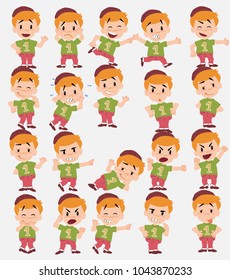 Cartoon character white boy in jeans. Set with different postures, attitudes and poses, doing different activities in isolated vector illustrations.