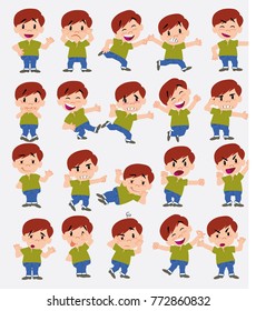 Cartoon character white boy in jeans. Set with different postures, attitudes and poses, doing different activities in isolated vector illustrations.
